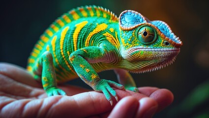 Obraz premium Close-up of a vibrant multicolored chameleon perched vertically on a hand, showcasing its exotic reptilian skin as a popular household pet