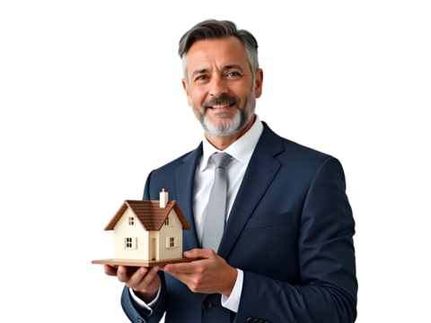 Smiling Real Estate Agent Holding House Model transparent background - Powered by Adobe