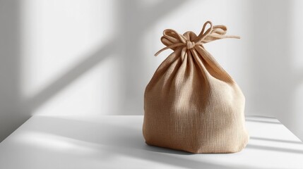 Beige drawstring bag on white surface