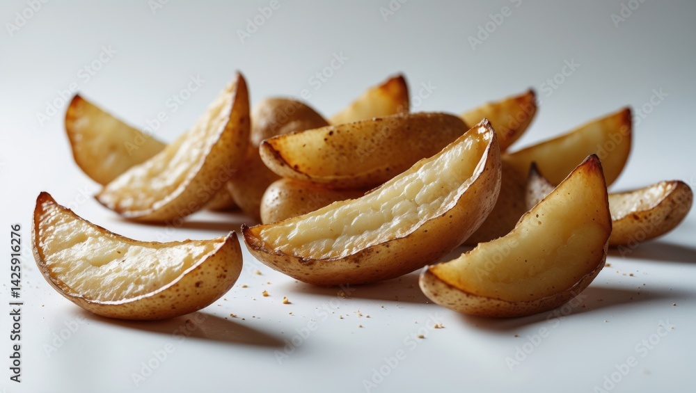 Poster falling crispy potato wedges on background with clipping path