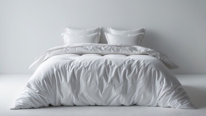 Mockup of empty bedding set with bed linen front perspective and white bed with clipping path