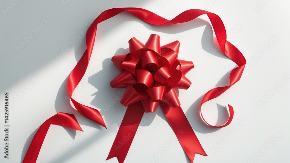 Poster elegant flat lay of a four-loop satin ribbon gift bow with soft shadow on white background
