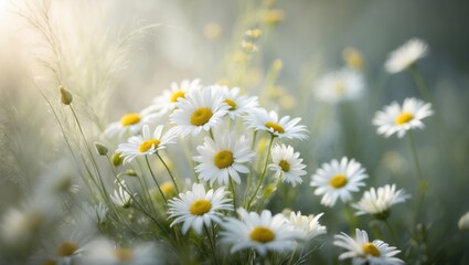 Field of daisies and chamomile flowers in full bloom during summer