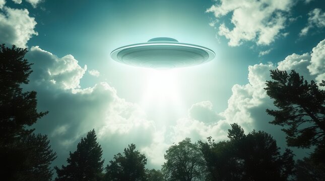 UFO sighting over a forest with bright light piercing through clouds, creating a mysterious ambiance.