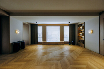 A large empty room has a beautiful wooden floor and many windows