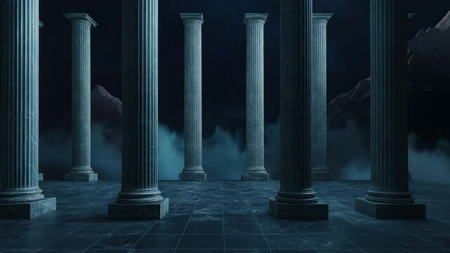 Ancient columns in a mystical setting with fog  
