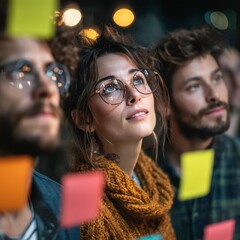 Focused Young Adults Brainstorming with Sticky Notes at Night
