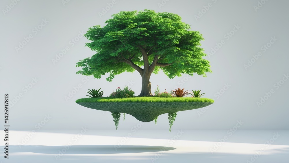 Poster isolated floating island featuring a large tree against a white background