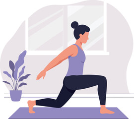 Fototapeta premium Woman practicing indoor yoga exercise on mat in home environment vector illustration 