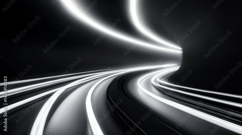 Leinwandbilder A subway tunnel with a curved path and glowing lights along the edges of the track, casting long shadows on the tunnels walls, creating a futuristic and empty atmosphere