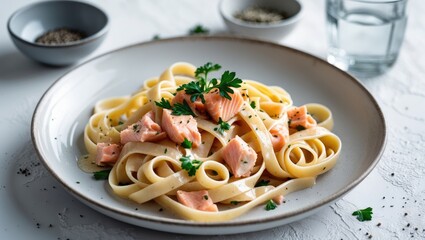 Creamy salmon pasta with tagliatelle and seafood sauce for dinner