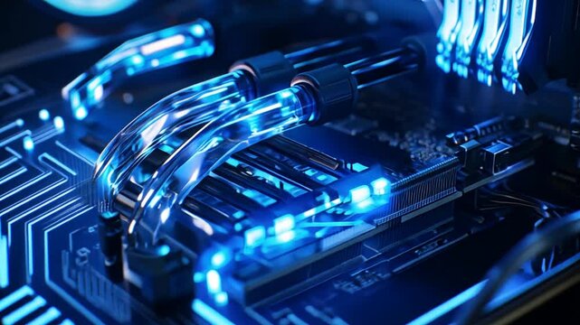 Close-up view of a high-performance computer cooling system with illuminated tubes and components