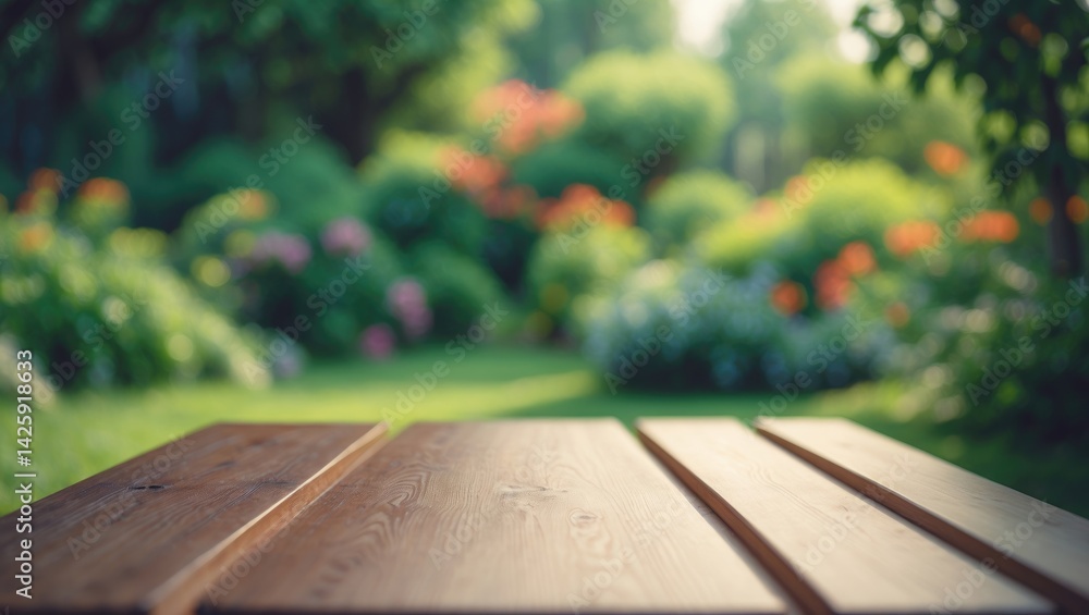 Poster empty wooden table surface with blurred green garden background for product display or key visual la