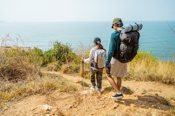 Hiker hiking trail journey, Trekking hike adventure, Walking lifestyles activity.