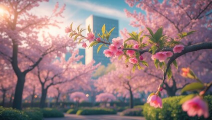 A city garden in spring featuring cherry blossoms and sunlight flare