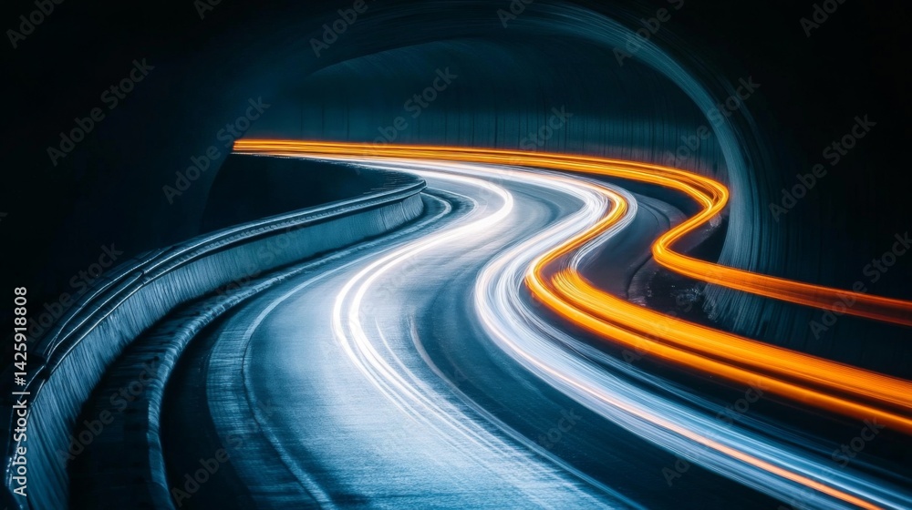 Leinwandbilder a subway tunnel with a curved path and glowing lights along the edges of the track, casting long sha