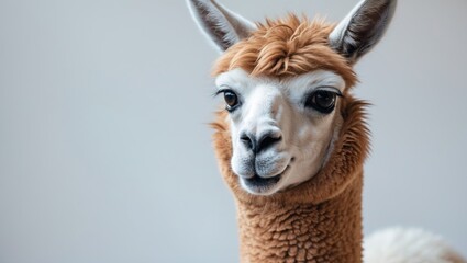 Obraz premium Close-up portrait of a brown alpaca with furry fur against a white background