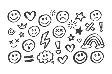 Hand Drawn Smile Brush Vector Set. Emoji Faces, Hearts, Crowns, Arrows with Crayon Texture in Kid Sketch Style, Fun Marker Doodle Elements Collection