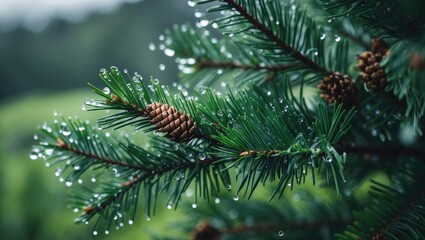 Close-up of a fir tree branch with festive decor