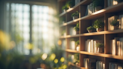 Obraz premium Serene indoor space showcasing minimalist bookshelves with books and plants, illuminated by natural light from spacious windows, emphasizing a cozy and elegant atmosphere.