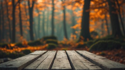 Empty wooden deck table set against background, prepared for product showcase