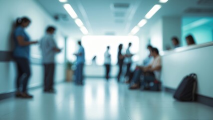 Blurry view of hospital hallway with reception area and medical setting