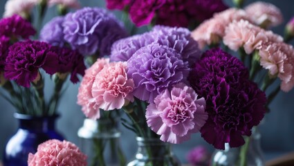 Obraz premium Close-up of various carnation flower bunches in vases with a floral background