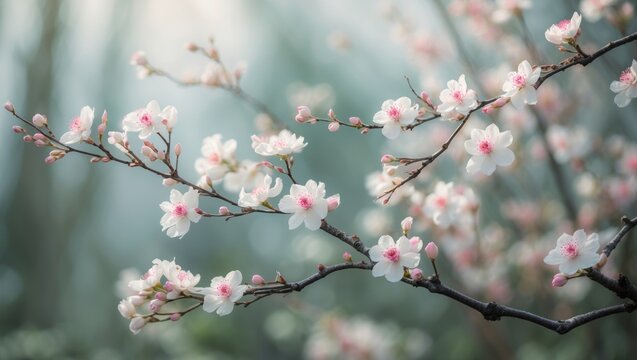 Close-up of stunning branches in full bloom featuring delicate white and pink flowers amidst a natural background