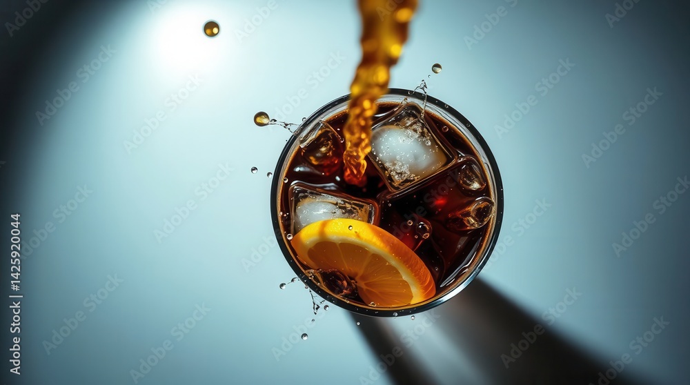 Poster refreshing beverage being poured into a glass with ice and an orange slice, creating a vibrant and c