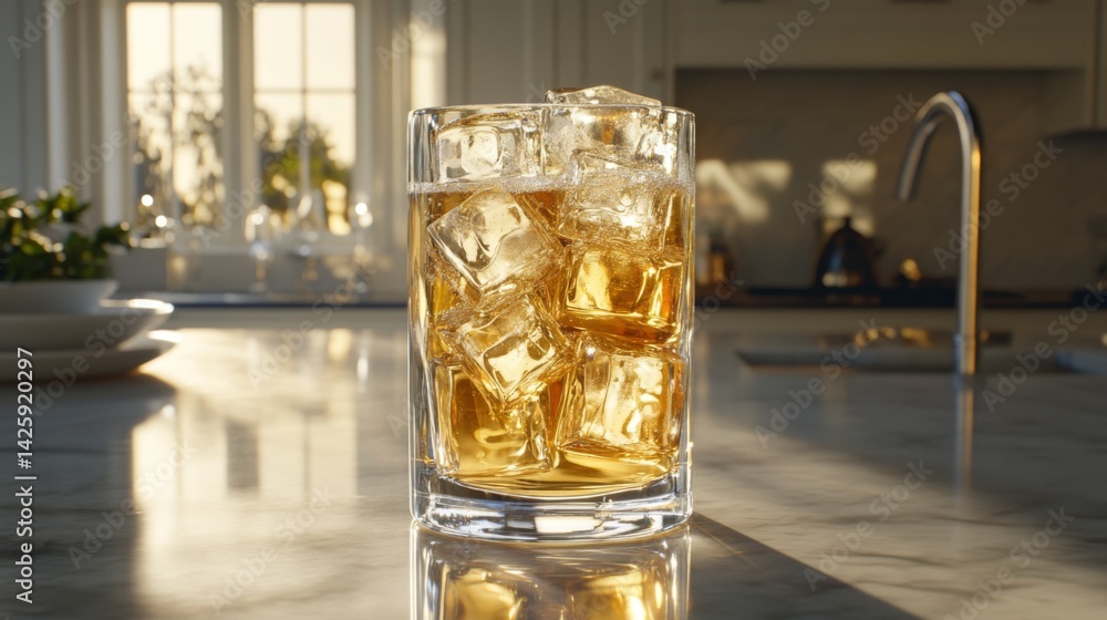 Poster a tall glass of beer with large ice cubes inside, set on a smooth countertop with natural light refl
