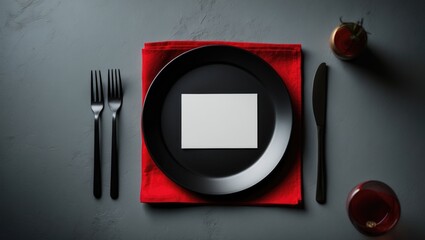 Empty table setting with menu, plate, cutlery, and napkin from a top view for design mockup