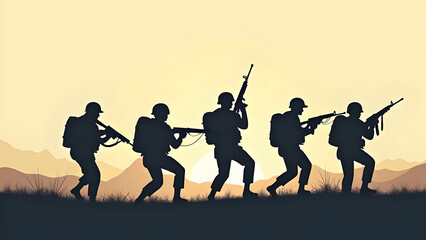 silhouettes of army at sunset