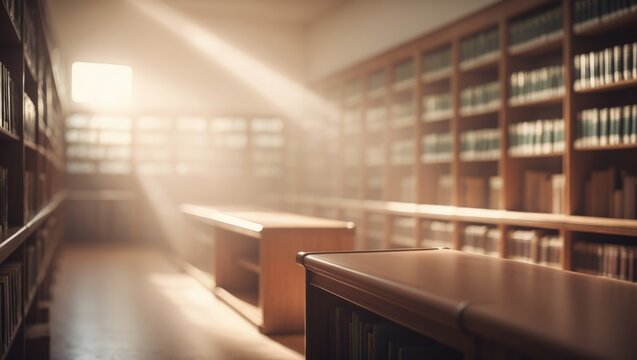 Educational setting with blurry background of bookshelves in a school library or classroom for academic learning.