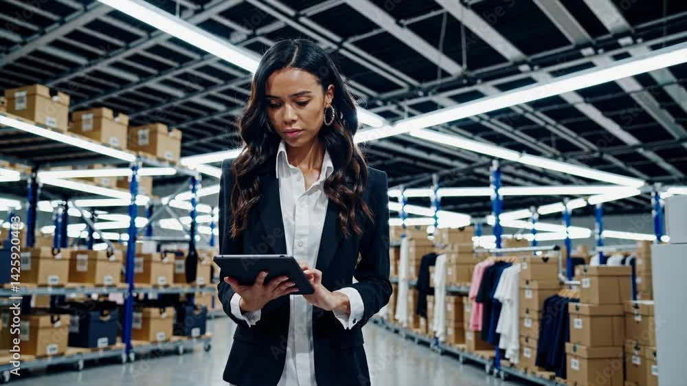 Poster warehouse employee checks inventory using a tablet while standing among stocked boxes during daytime