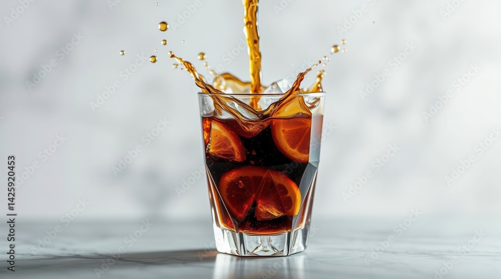 Poster refreshing dark soda with ice and orange slices being poured into a clear glass, creating a splash.