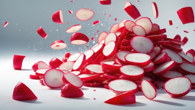 Slices of Fresh Radishes on White Background with Chopped and Diced Radish Pieces