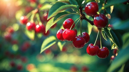 Obraz premium Mature cherry hanging on the tree