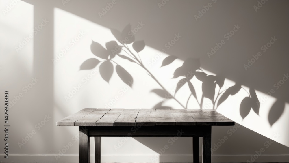 Poster empty wooden table with leaf shadow in the background and space for text