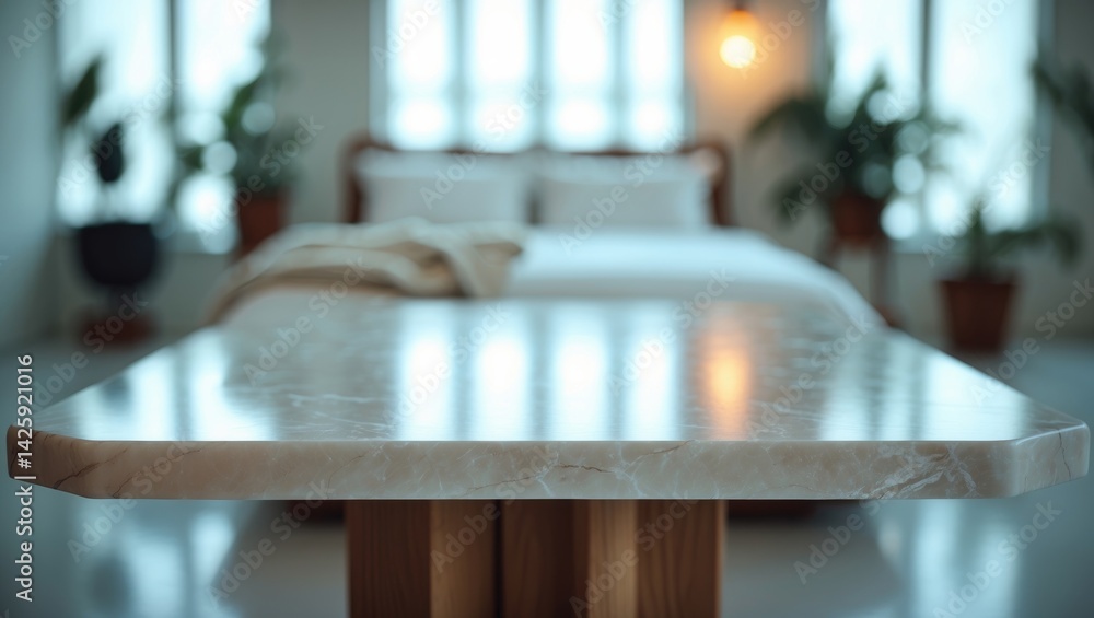 Poster empty marble stone table with blurred interior background suitable for product display or design moc