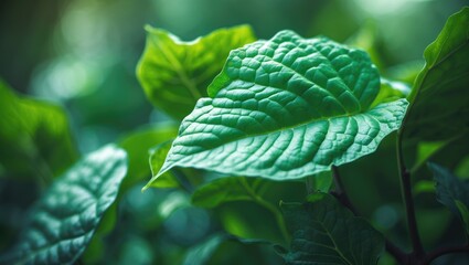 Obraz premium Detailed close-up of vibrant green leaves on a lush background