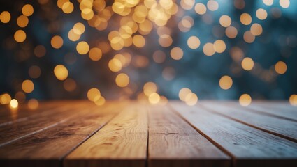 Abstract light background with a wooden plank table top and blurred urban ambiance, perfect for product montage mockup.