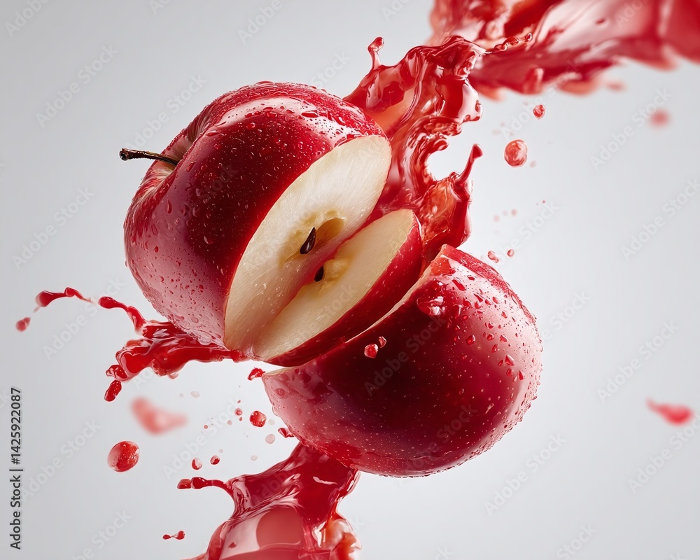 Poster fresh red apples splashing in juice, showcasing vibrant colors and dynamic movement in a studio sett