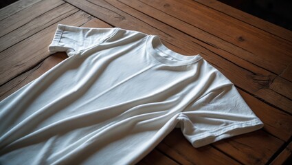 Close-up of a white T-shirt on a wooden table, ready for your design