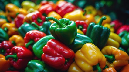 Natural background featuring red, green, and yellow sweet bell peppers