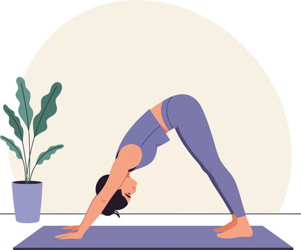 Woman practicing downward dog yoga pose on purple mat with green plant indoors vector illustration 