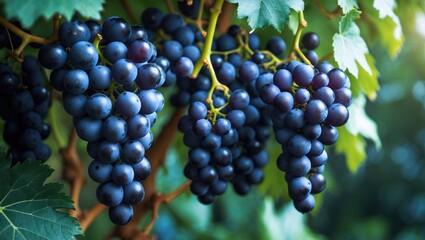 Fresh ripe blue grapes hanging on the vine in a natural garden