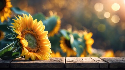 Autumn Sunflower Resting on Wooden Table with Foliage Backdrop and Copy Space, Horizontal Side View