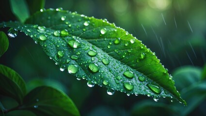 Close-up of a green leaf with water droplets in summer, highlighting natural texture and beauty.