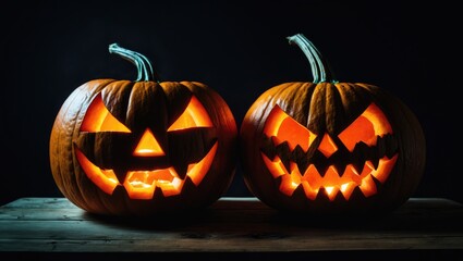 Obraz premium Spooky jack o'lanterns crafted from pumpkins on a wooden table