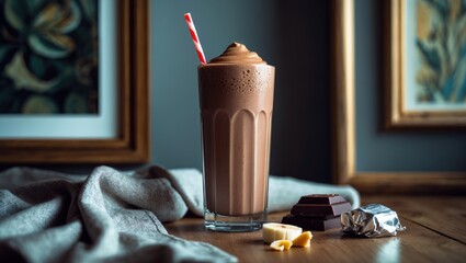 Naklejka premium Healthy banana and peanut butter chocolate shake in a glass